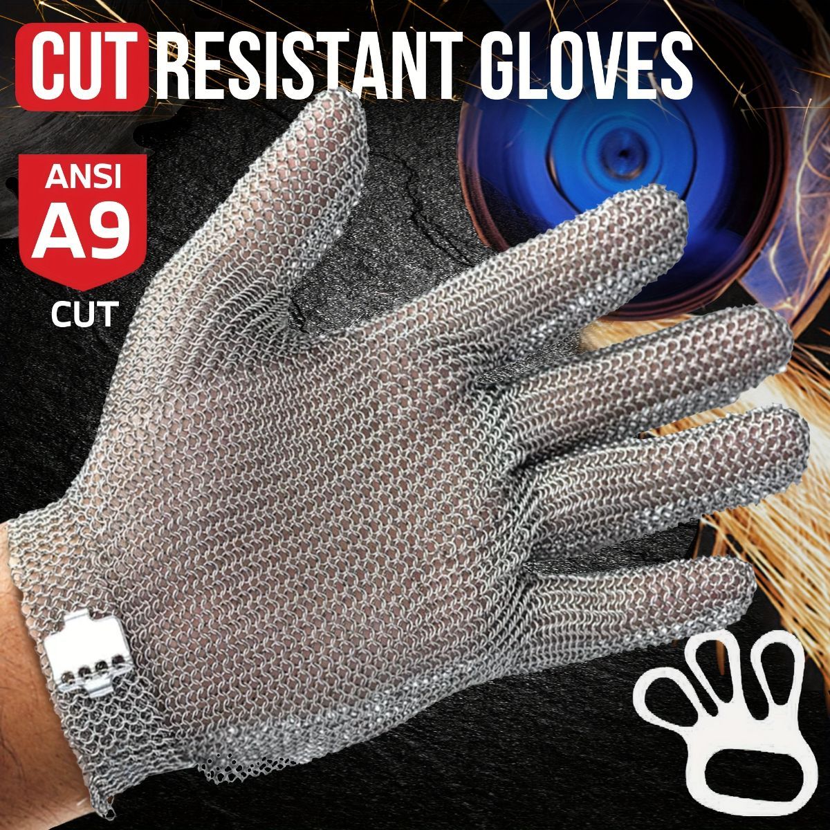 cut-resistant glove, stainless steel chainmail glove, industrial hand protection, adjustable safety glove, meat cutting glove, glass handling glove, Australia work wear, PPE hand safety - Silver - Size M-23CM