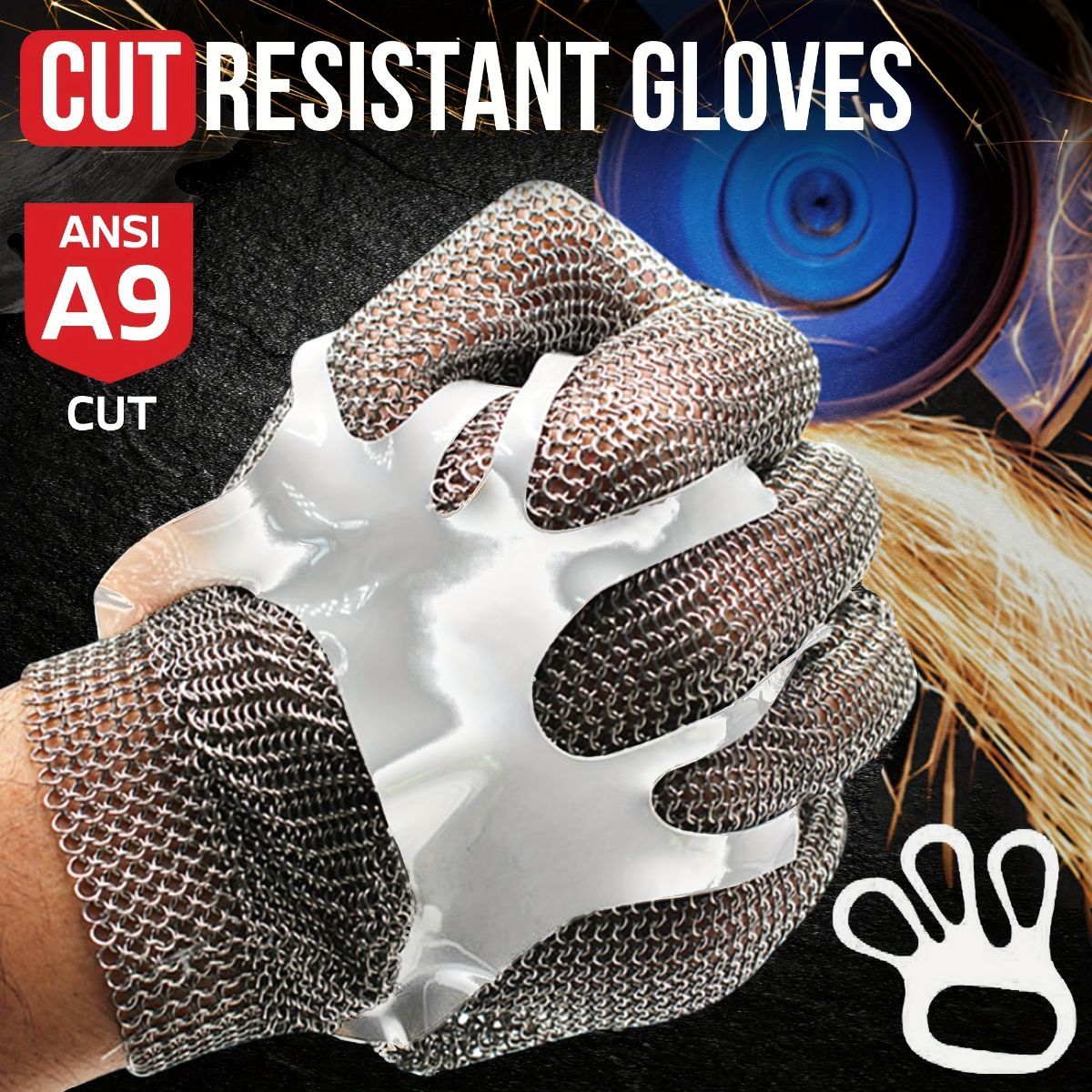 cut-resistant glove, stainless steel chainmail glove, industrial hand protection, adjustable safety glove, meat cutting glove, glass handling glove, Australia work wear, PPE hand safety - Silver - Size S-22CM