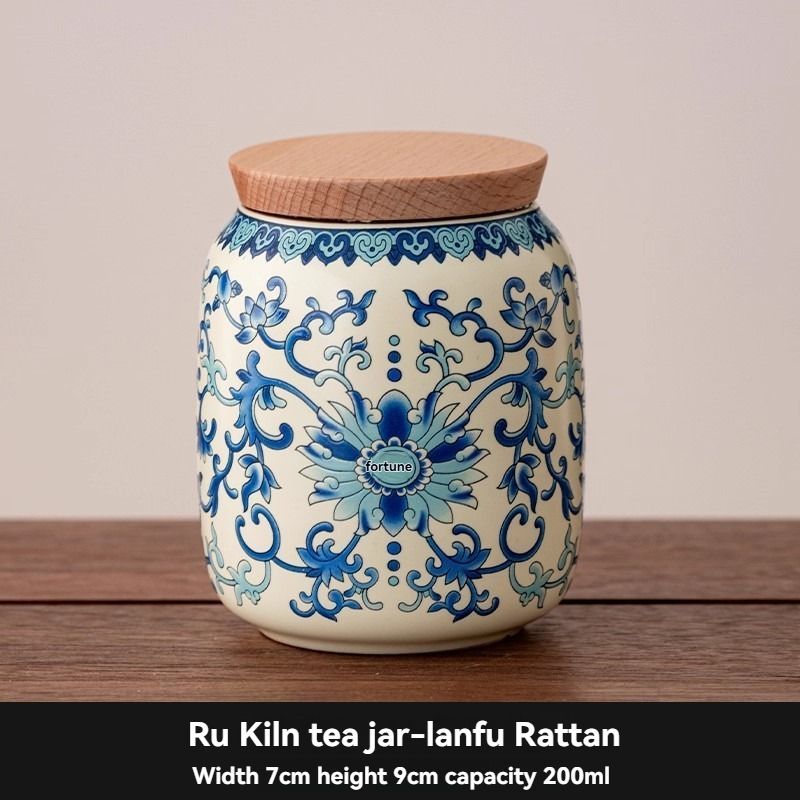 Ru Kiln tea jar, blue-and-white ceramic canister, airtight tea storage, floral tea container, Australian tea accessory - Cyan - Size 11