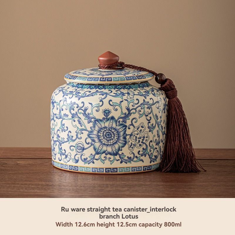Ru Kiln tea jar, blue-and-white ceramic canister, airtight tea storage, floral tea container, Australian tea accessory - Cyan - Size 2