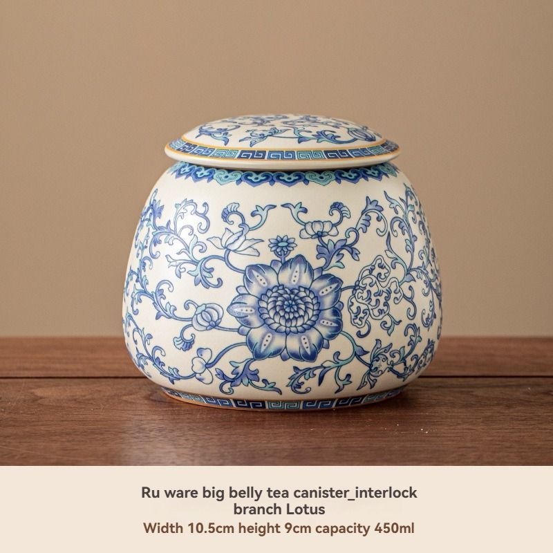 Ru Kiln tea jar, blue-and-white ceramic canister, airtight tea storage, floral tea container, Australian tea accessory - Cyan - Size 4