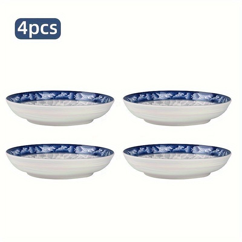 blue-and-white porcelain plate, 8.2-inch ceramic plate, floral design plate, microwave safe plate, Chinese style plate, festive dining plate, traditional Chinese porcelain, round ceramic plate, gift idea, elegant tableware - Cyan - Size 4pcs