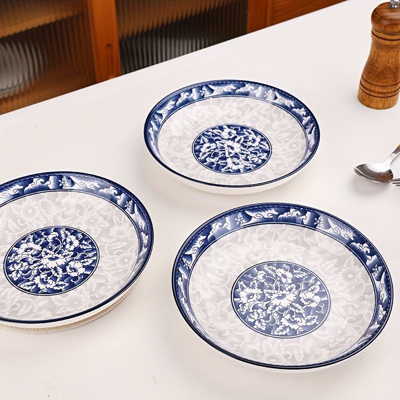 blue-and-white porcelain plate, 8.2-inch ceramic plate, floral design plate, microwave safe plate, Chinese style plate, festive dining plate, traditional Chinese porcelain, round ceramic plate, gift idea, elegant tableware - Cyan - Size 6pcs