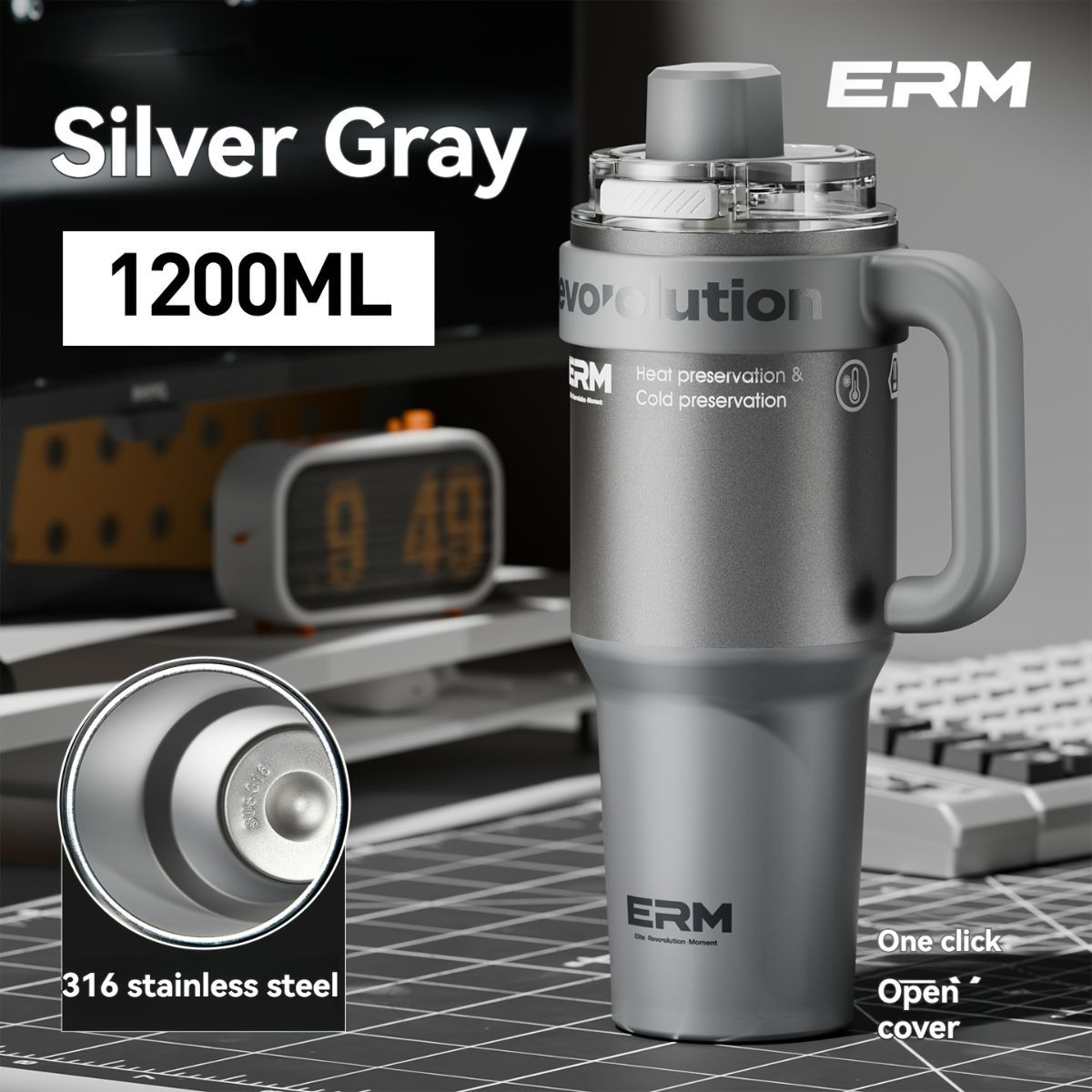 Giant Straw Tumbler Large Capacity Insulated Tumbler Ceramic Lined Cup - Gradient silver - Size 316-1200ml