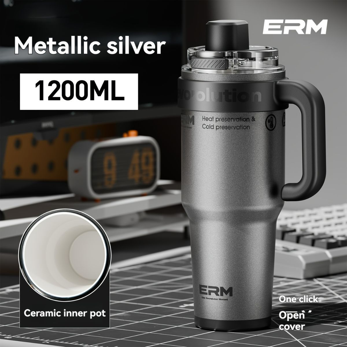 Giant Straw Tumbler Large Capacity Insulated Tumbler Ceramic Lined Cup - Gradient silver - Size porcelain-1200ml