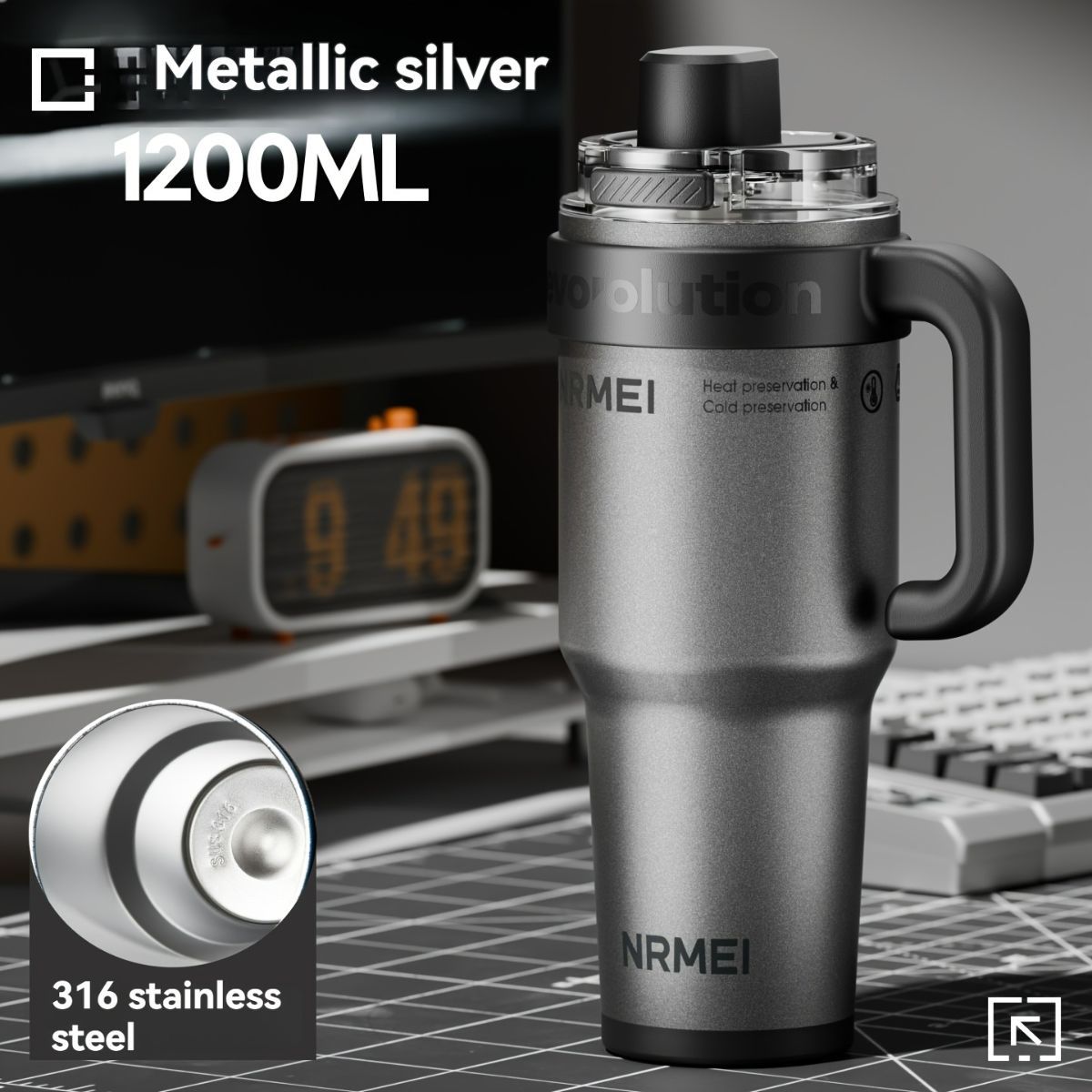 Giant Straw Tumbler Large Capacity Insulated Tumbler Ceramic Lined Cup - Metallic silver - Size 316-1200ml