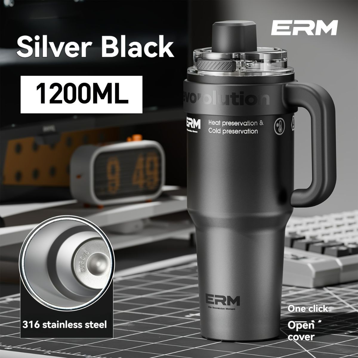 Giant Straw Tumbler Large Capacity Insulated Tumbler Ceramic Lined Cup - Metallic silver - Size porcelain-1200ml