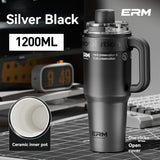 Giant Straw Tumbler Large Capacity Insulated Tumbler Ceramic Lined Cup - Silver - grey - Size 316-1200ml
