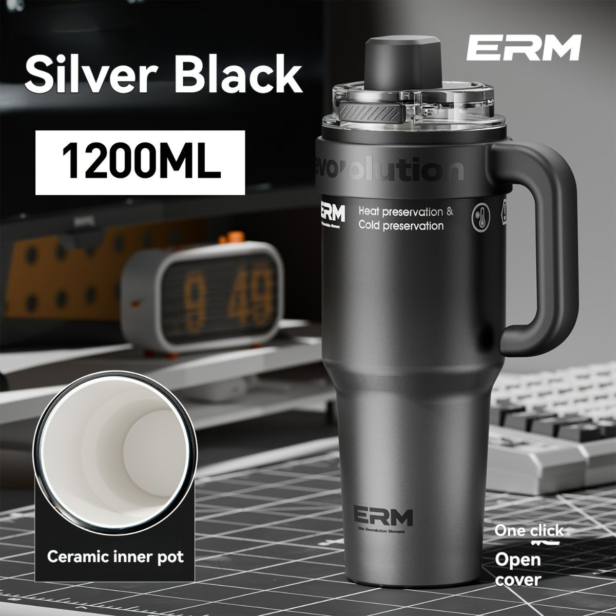 Giant Straw Tumbler Large Capacity Insulated Tumbler Ceramic Lined Cup - Silver - grey - Size 316-1200ml