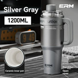 Giant Straw Tumbler Large Capacity Insulated Tumbler Ceramic Lined Cup - Silver - grey - Size porcelain-1200ml