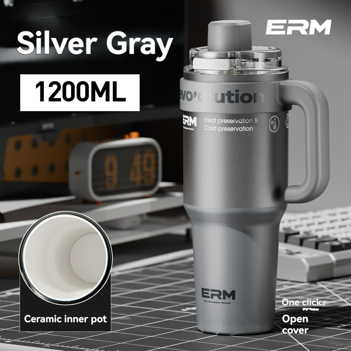 Giant Straw Tumbler Large Capacity Insulated Tumbler Ceramic Lined Cup - Silver - grey - Size porcelain-1200ml