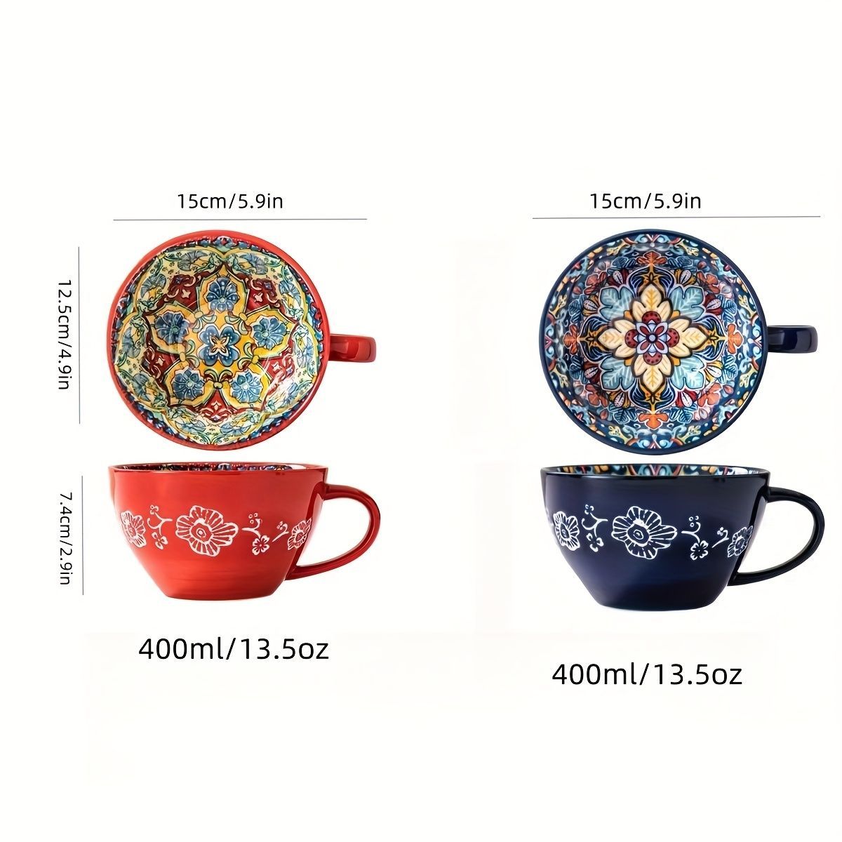 Bohemian Ceramic Cups Vibrant Floral Drinkware Hand-Painted Coffee Cups Unique - Sunflower - Size 400ml