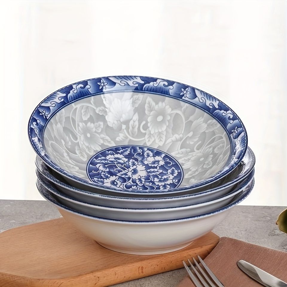 blue and white porcelain bowl, soup bowl, noodle bowl, ceramic bowl, large bowl, tableware, Australian home, dinnerware set, traditional design, durable ceramic - Cyan - Size 6pcs
