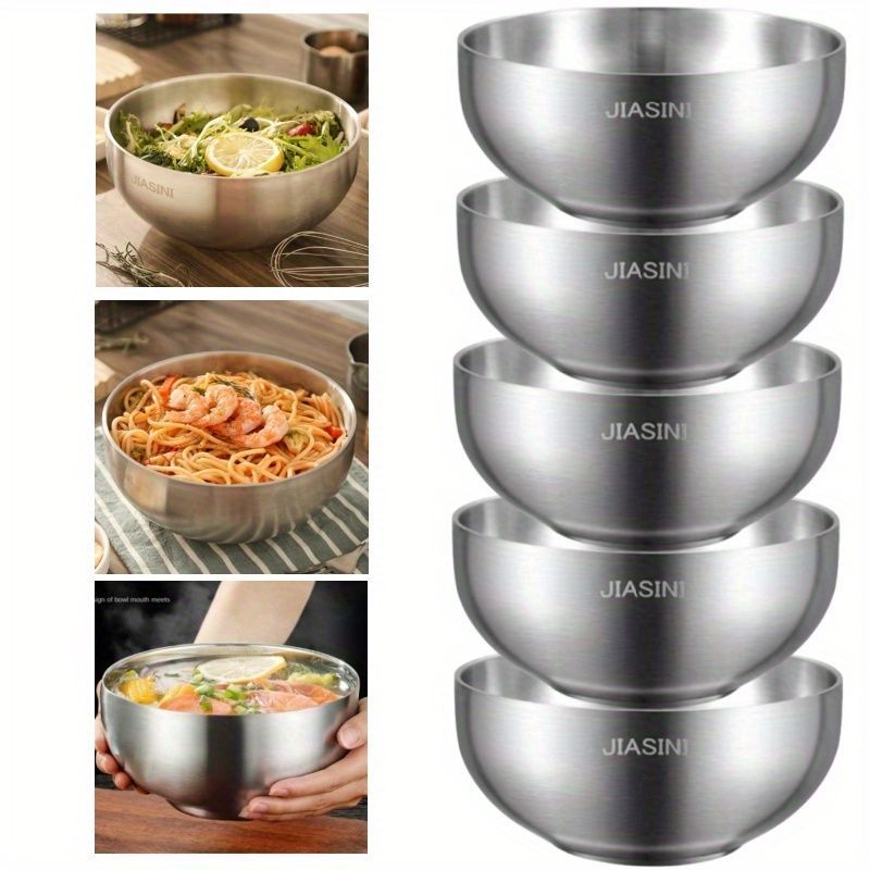 Stainless Steel Noodle Bowls Double-Layered Bowls Heat Insulation Bowls 5-Piece - Silver - Size Pack of 5 pieces