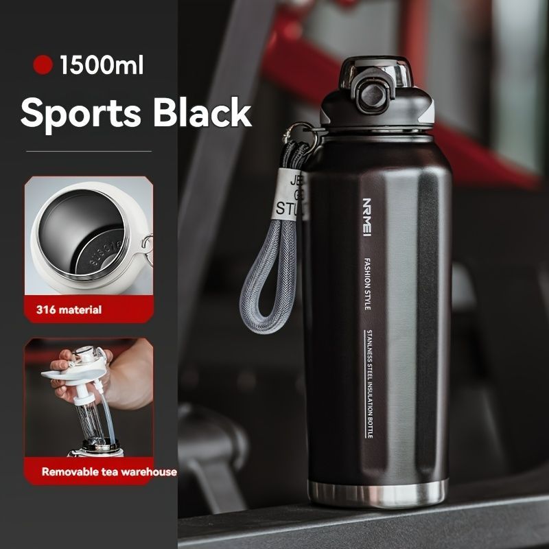 316 Stainless Steel Water Bottle Outdoor Insulated Bottle Sports Straw Bottle - Black - Size 1200ml