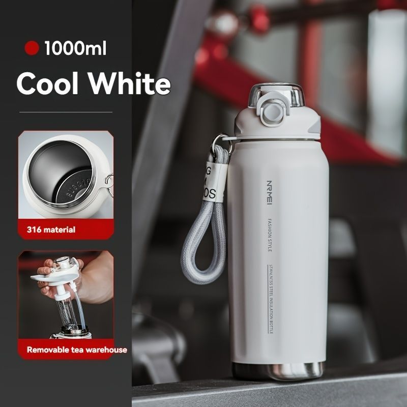 316 Stainless Steel Water Bottle Outdoor Insulated Bottle Sports Straw Bottle - White - Size 1000ml