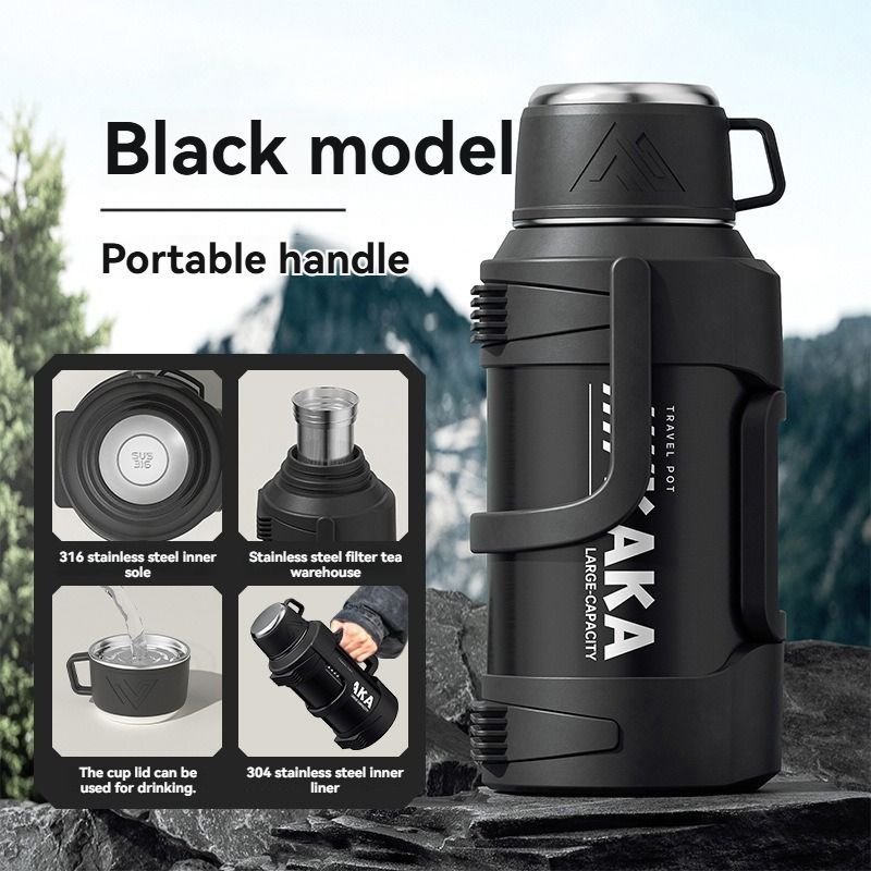 316 Stainless Steel Thermos Large Capacity Thermos Portable Thermos Flask - Black - Size 5200ml