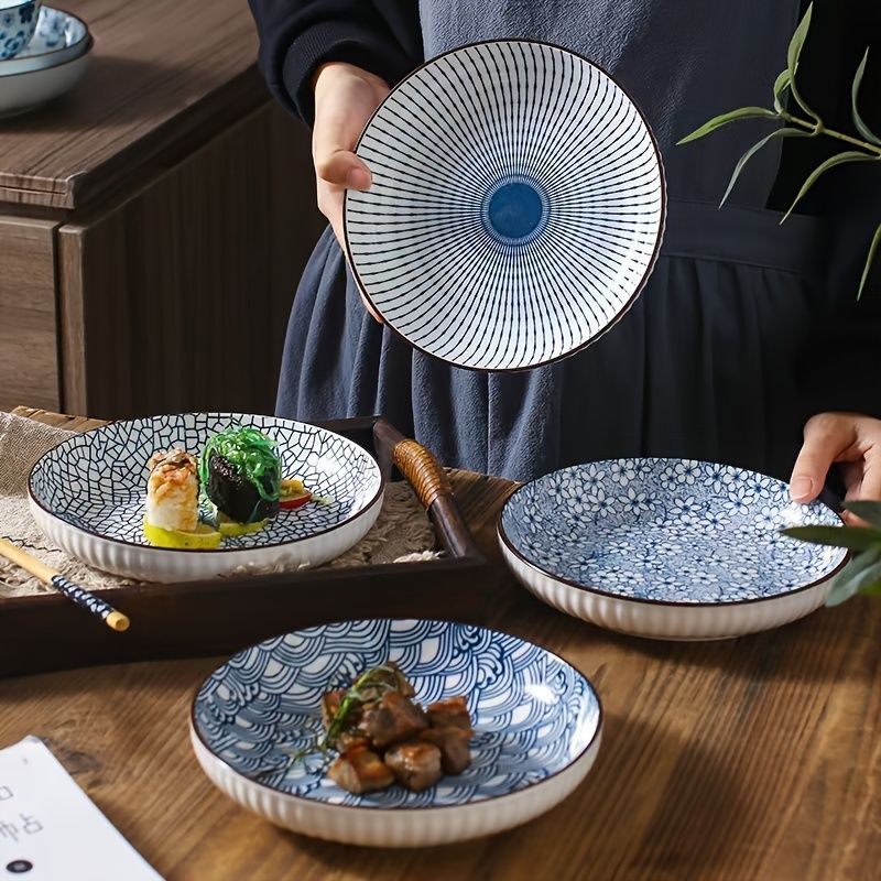 Ceramic Dinner Plates Set Of 4 Plates 4 Styles Dining Tableware High-Quality - Indigo - Size Pack of 4 pieces