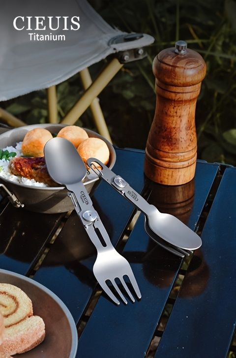 CIEUI Folding Titanium Spoon Fork Set - Lightweight Camping Cutlery
