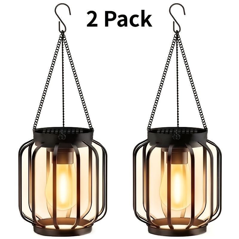 solar outdoor hanging lanterns, metal lanterns for garden, outdoor lighting decor, warm light lanterns, solar-powered lanterns, Australian outdoor lighting, patio solar lights, garden lanterns, eco-friendly outdoor lights - Black - Size 2PCS