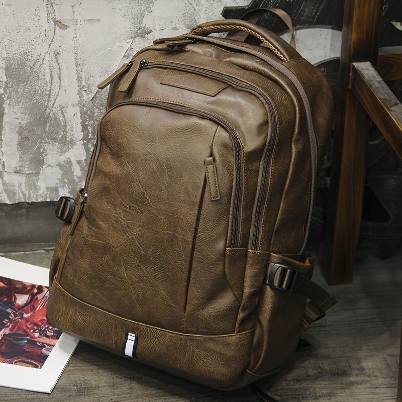 Vintage PU Backpack Stylish Backpack Durable Travel Backpack Comfortable - Brown - Size M
