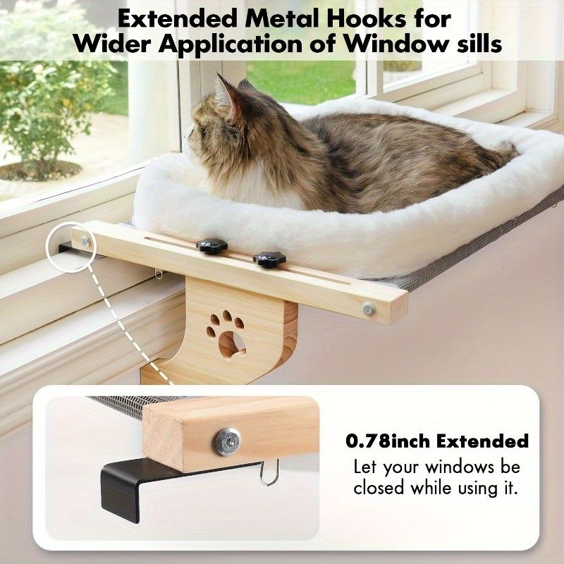 cat window perch, extended metal hooks, cat furniture, cat window bed, cat window lounger, Australian cat products, window sill cat perch, wooden cat window seat