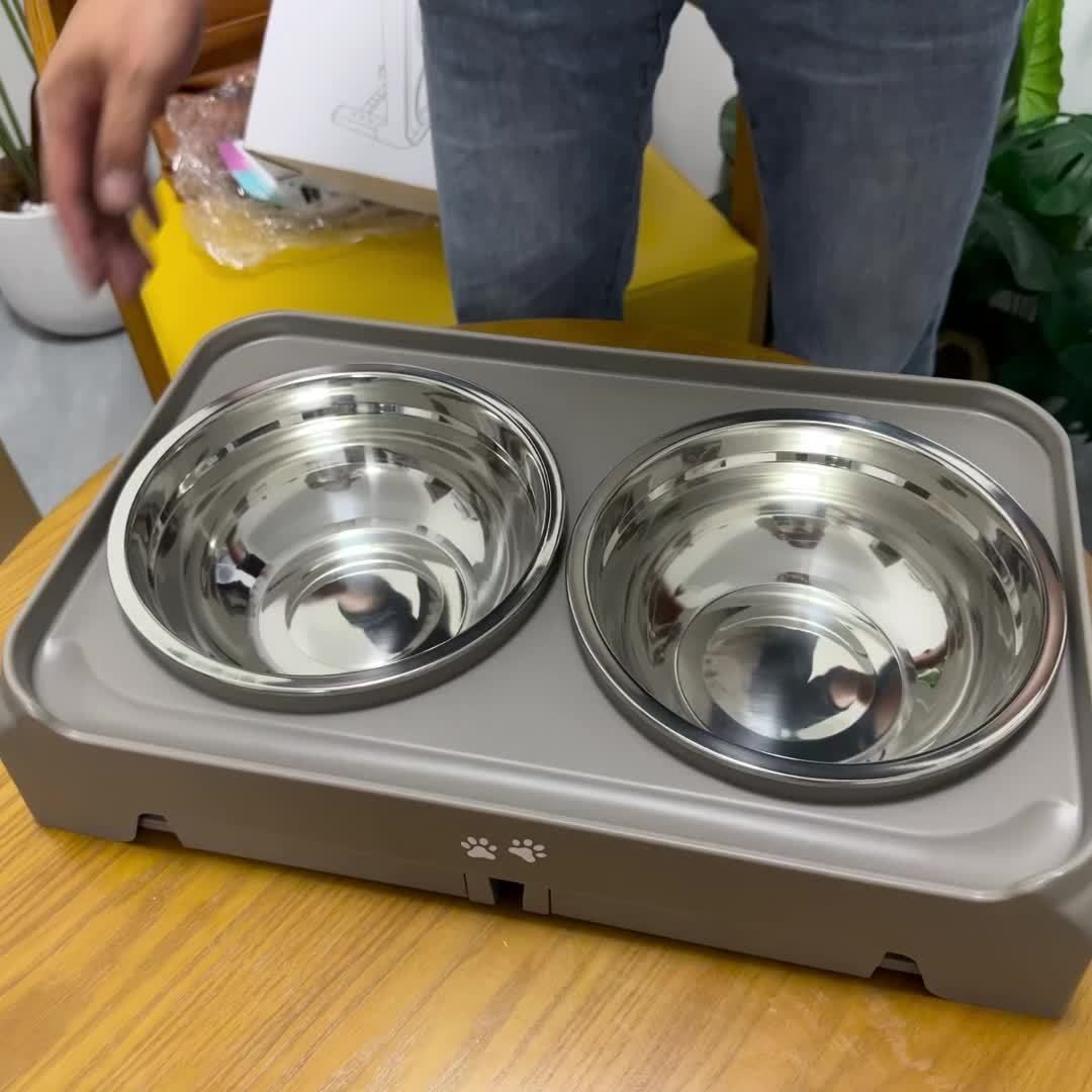 Black dog feeder, elevated dog feeder, double bowl dog feeder, stainless steel dog bowls, ergonomic pet feeder, anti-slip dog bowl stand