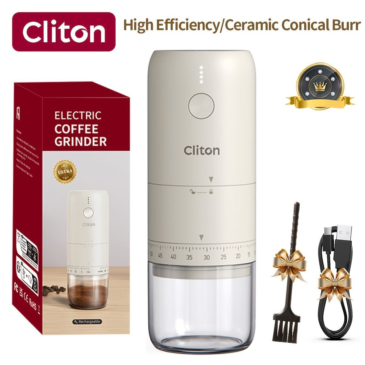 electric coffee grinder, Cliton coffee grinder, ceramic conical burr, portable coffee grinder, rechargeable coffee grinder, espresso coffee grinder, pour-over coffee grinder, Australia coffee grinder - White - Size set