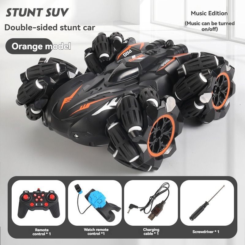 2.4G remote control car, electric stunt car, drifting car, spray function, kids toy car, double-sided stunt car, watch remote control, outdoor RC toy, rechargeable toy car - Black and orange - Size Dual-control