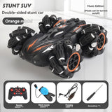 2.4G remote control car, electric stunt car, drifting car, spray function, kids toy car, double-sided stunt car, watch remote control, outdoor RC toy, rechargeable toy car - Black and orange - Size Dual-control