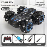 2.4G remote control car, electric stunt car, drifting car, spray function, kids toy car, double-sided stunt car, watch remote control, outdoor RC toy, rechargeable toy car - Blue - Size Dual-control