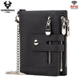 men's genuine leather wallet, RFID-blocking wallet, short men's wallet, multi-card slot wallet, multiple zipper coin pocket wallet - Black - Size L