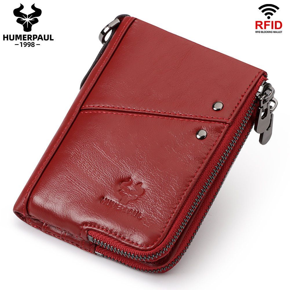 men's genuine leather wallet, RFID blocking wallet, double zipper coin purse, multiple card slots wallet, men's accessory, Australian wallet, leather coin purse, secure wallet men - Red - Size M