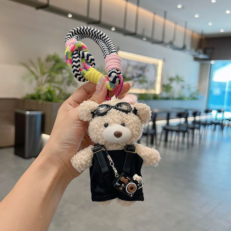 cute teddy bear keychain, plush teddy bear, teddy bear with goggles, teddy bear overalls, fashion keychain, bag charm, cute accessories - Black - Size 1