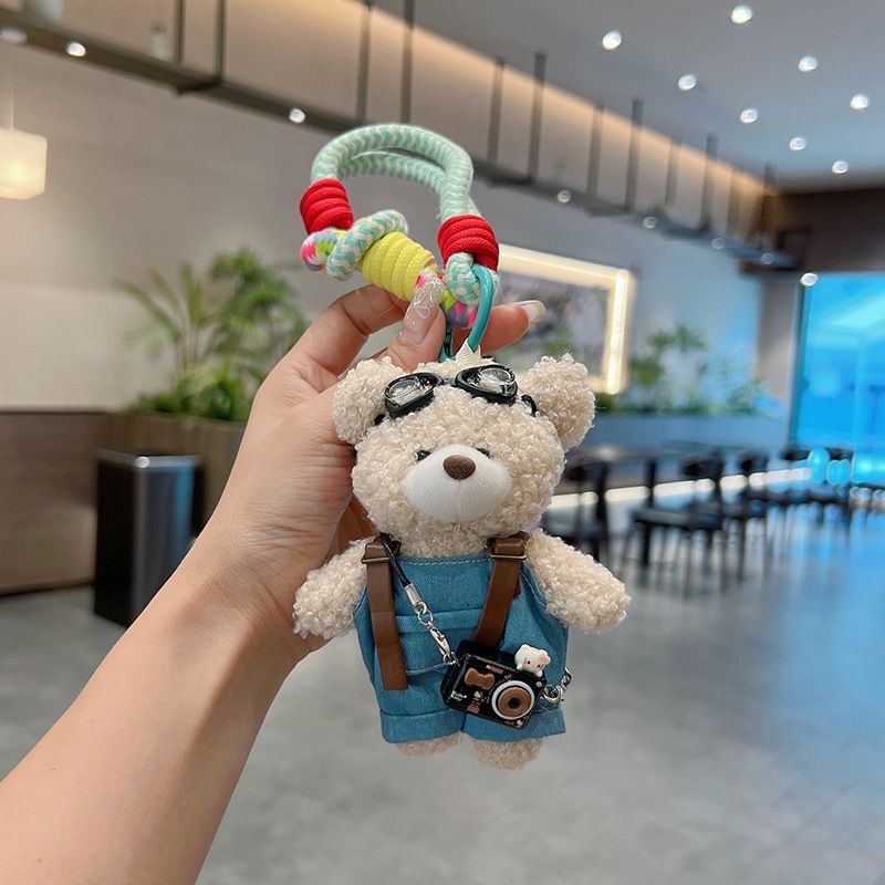 cute teddy bear keychain, plush teddy bear, teddy bear with goggles, teddy bear overalls, fashion keychain, bag charm, cute accessories - Blue - Size 1