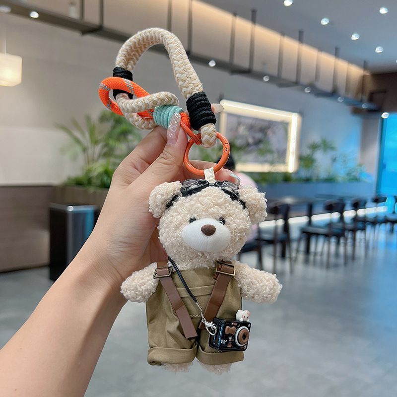 cute teddy bear keychain, plush teddy bear, teddy bear with goggles, teddy bear overalls, fashion keychain, bag charm, cute accessories - Light Brown - Size 1