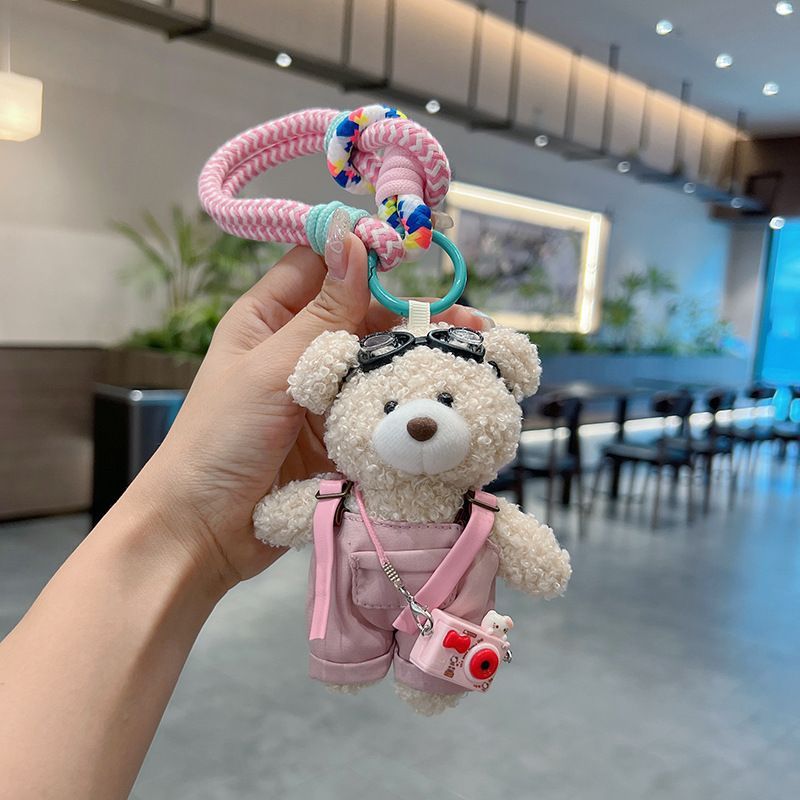 cute teddy bear keychain, plush teddy bear, teddy bear with goggles, teddy bear overalls, fashion keychain, bag charm, cute accessories - Pink - Size 1