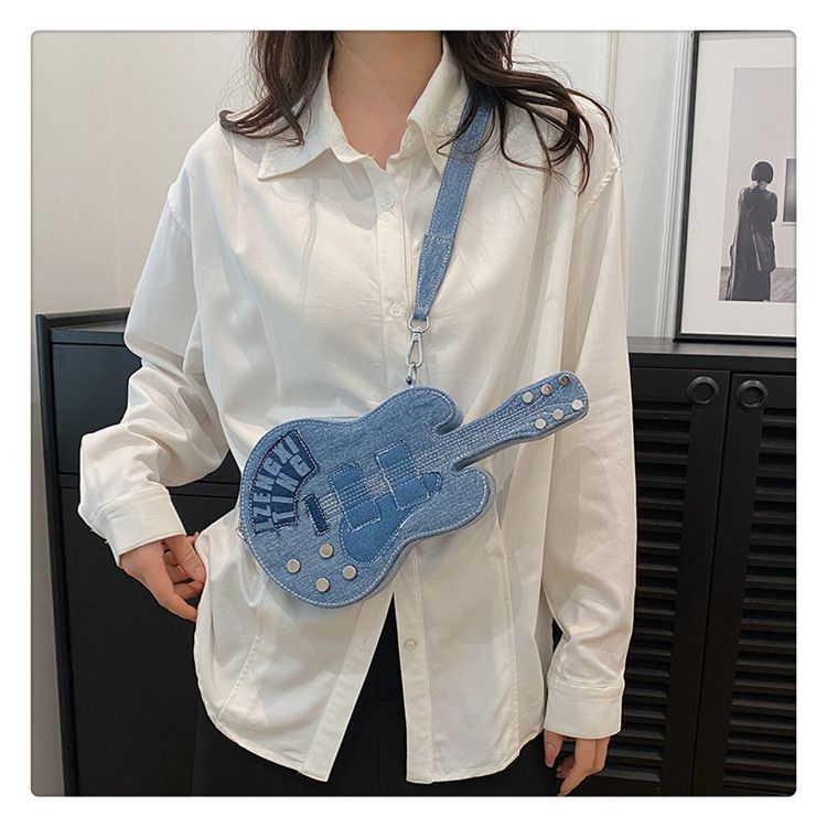 Denim Guitar Bag Cross-Body Bag Women Guitar-Shaped Purse Niche Denim Accessory - Denim blue - Size Universal