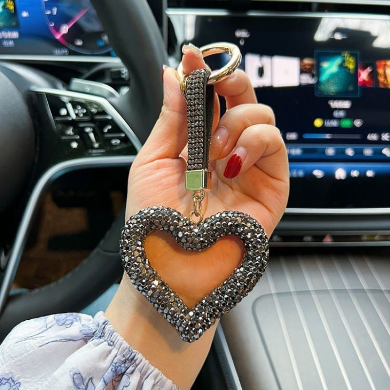 red heart keychain, hollowed-out clay keychain, full diamond keychain, car key accessory, women's fashion accessory, Australian fashion, gift for her, sparkly keychain, clay keyring - Black - Size Fully - studded leather cord