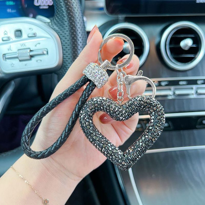 red heart keychain, hollowed-out clay keychain, full diamond keychain, car key accessory, women's fashion accessory, Australian fashion, gift for her, sparkly keychain, clay keyring - Black - Size White diamond leather cord