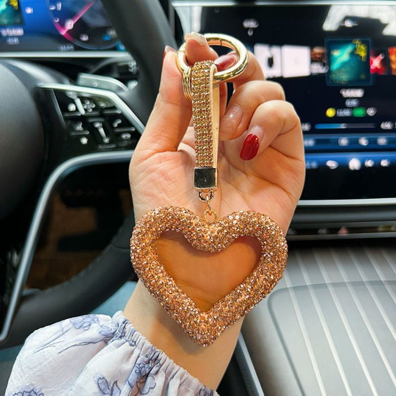 red heart keychain, hollowed-out clay keychain, full diamond keychain, car key accessory, women's fashion accessory, Australian fashion, gift for her, sparkly keychain, clay keyring - Gold - Size Fully - studded leather cord