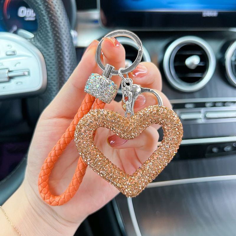 red heart keychain, hollowed-out clay keychain, full diamond keychain, car key accessory, women's fashion accessory, Australian fashion, gift for her, sparkly keychain, clay keyring - Gold - Size White diamond leather cord