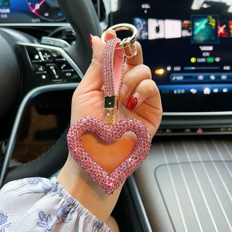 red heart keychain, hollowed-out clay keychain, full diamond keychain, car key accessory, women's fashion accessory, Australian fashion, gift for her, sparkly keychain, clay keyring - Pink - Size Fully - studded leather cord
