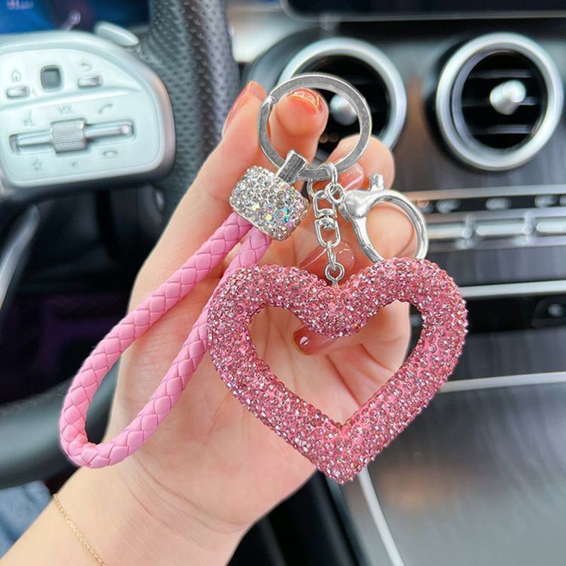 red heart keychain, hollowed-out clay keychain, full diamond keychain, car key accessory, women's fashion accessory, Australian fashion, gift for her, sparkly keychain, clay keyring - Pink - Size White diamond leather cord