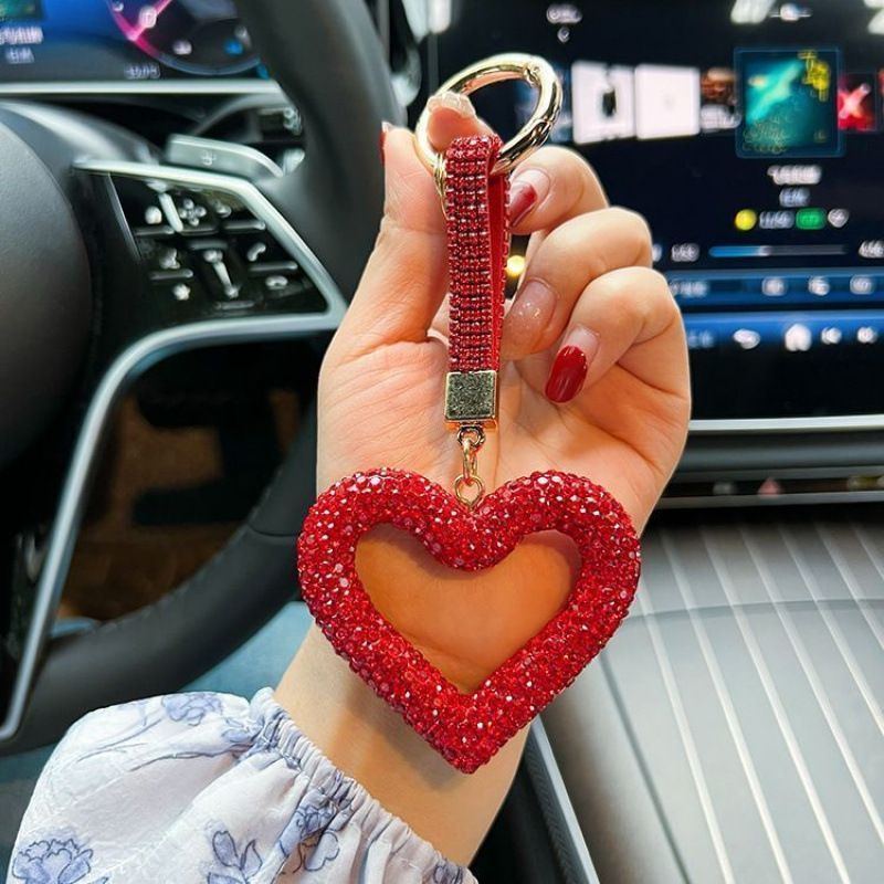 red heart keychain, hollowed-out clay keychain, full diamond keychain, car key accessory, women's fashion accessory, Australian fashion, gift for her, sparkly keychain, clay keyring - Red - Size Fully - studded leather cord