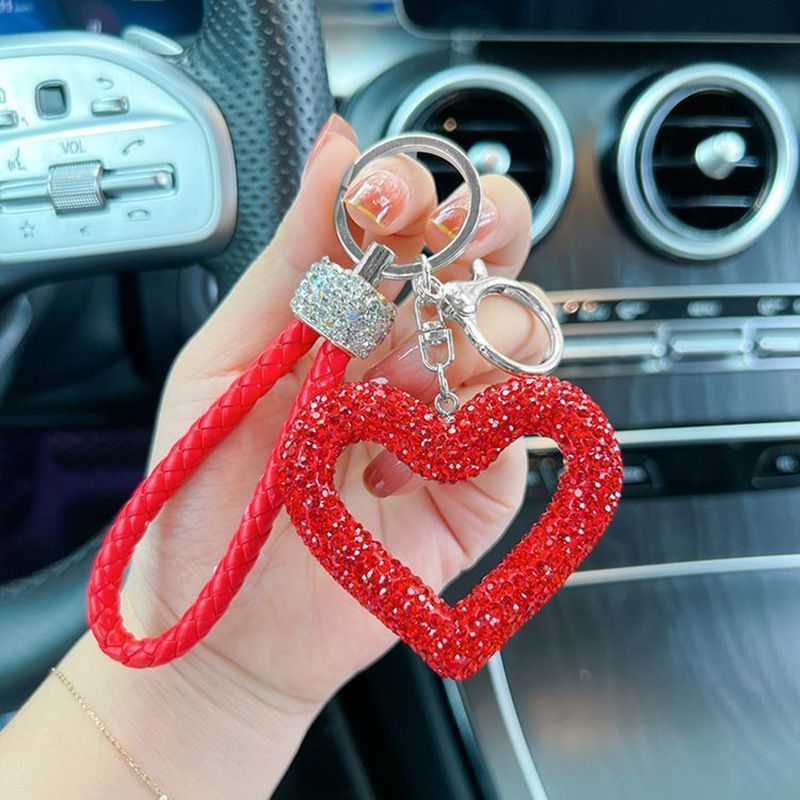 red heart keychain, hollowed-out clay keychain, full diamond keychain, car key accessory, women's fashion accessory, Australian fashion, gift for her, sparkly keychain, clay keyring - Red - Size White diamond leather cord
