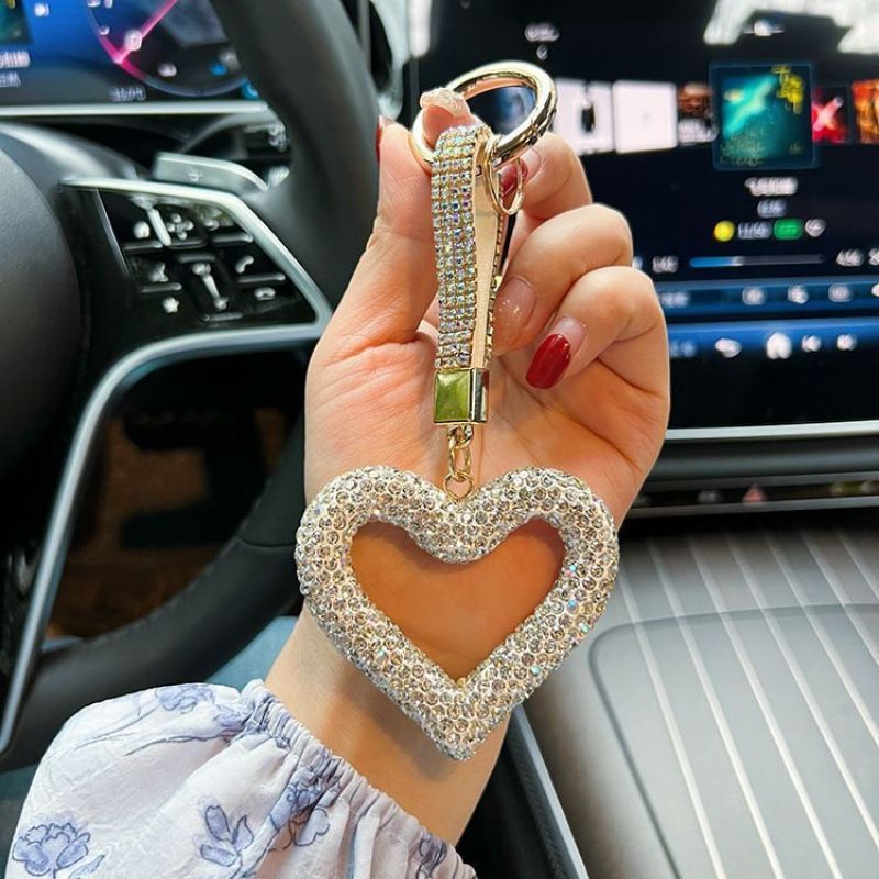red heart keychain, hollowed-out clay keychain, full diamond keychain, car key accessory, women's fashion accessory, Australian fashion, gift for her, sparkly keychain, clay keyring - White - Size Fully - studded leather cord