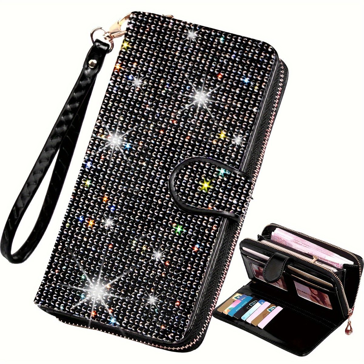 rhinestone card holder, checkbook clutch, rhinestone clutch, multiple card slots, sparkling accessory, glamorous wallet, crystal card case, protective cover, women's clutch, jewellery clutch - Black - Size L