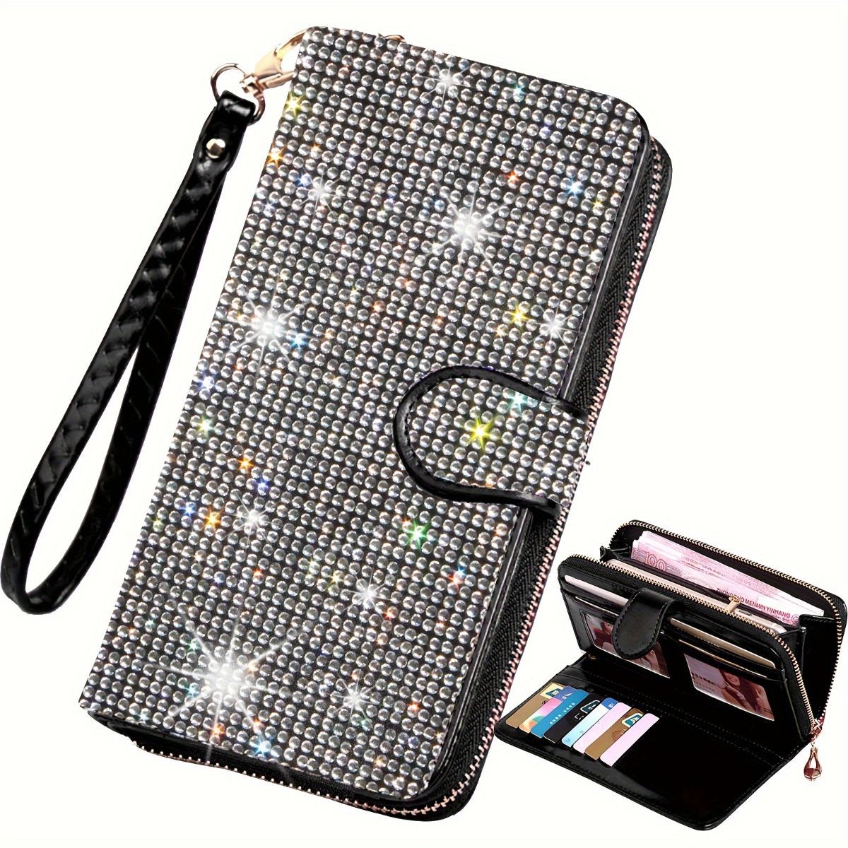 rhinestone card holder, checkbook clutch, rhinestone clutch, multiple card slots, sparkling accessory, glamorous wallet, crystal card case, protective cover, women's clutch, jewellery clutch - White - Size L