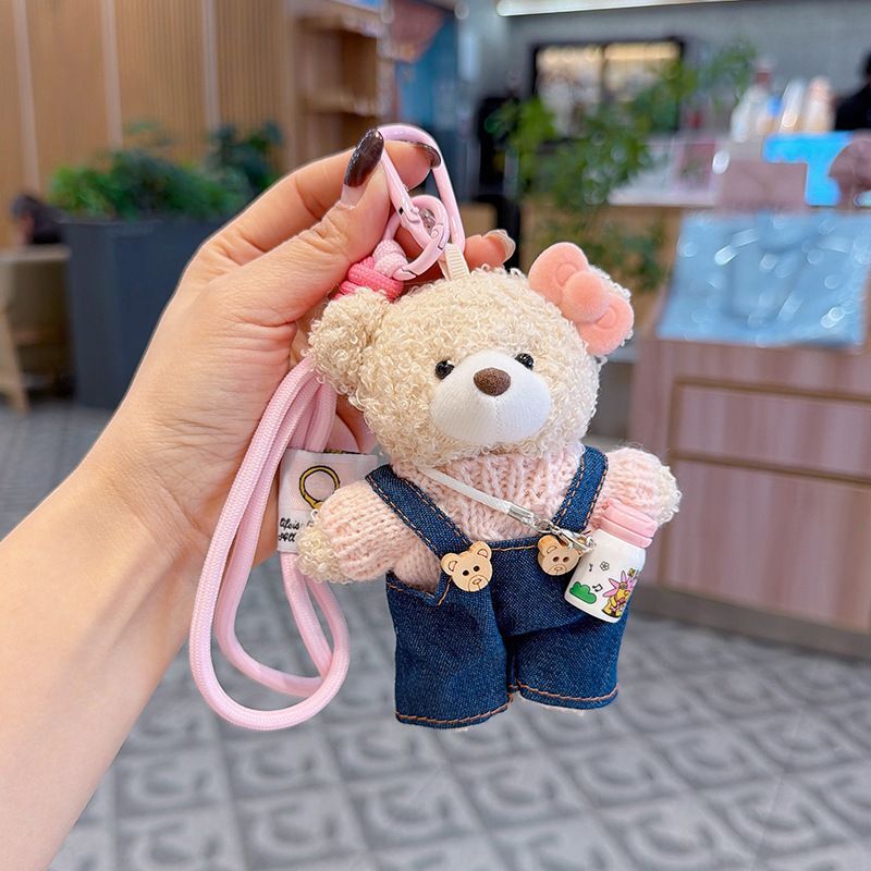 cute teddy bear keychain, teddy bear with suspenders, knitted sweater teddy bear, bag charm, quirky accessory, gift for teddy bear lovers - Pink - Size 1